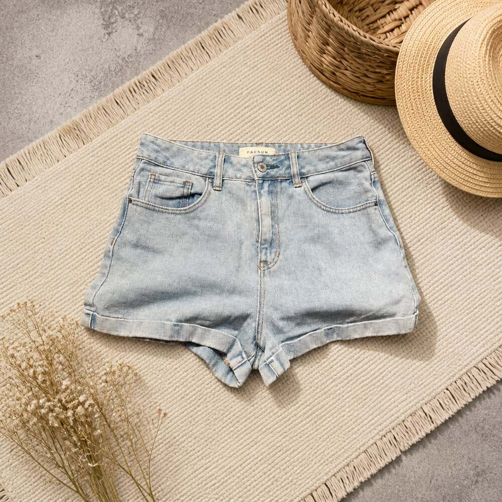Pacsun Mom Shorts Womens 28 Blue Light Wash Denim Cotton Hi-Rise Zip Fly Button